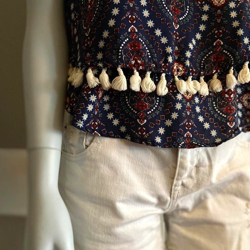 ALYA Navy Blue Floral Layered V-Neck Top w/Tassels sz X-Small - Picture 3 of 8